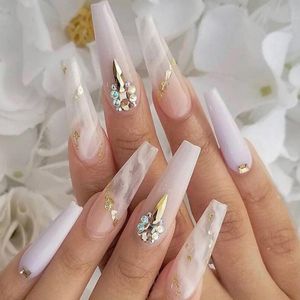 False Nails Full Finished European Long Coffin With Gold Foil Design Cover Nail Art Tips For Women Girls Fake Patch