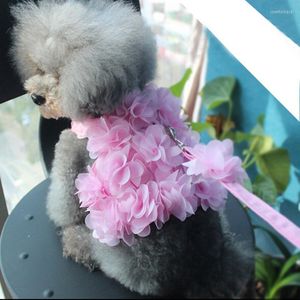 Dog Collars Pet Vest Harness Leash Adjustable Pink Net Yarn Flower Collar Chest Strap Harnesses With Traction Rope