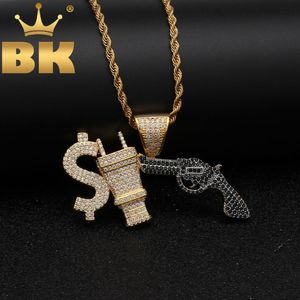 Chains Hiphop US Dollar Plug With Gun Necklace Full Iced White/Black Cubic Zirconia Gold Color Chain&Pendant Punk Mens Jewelry