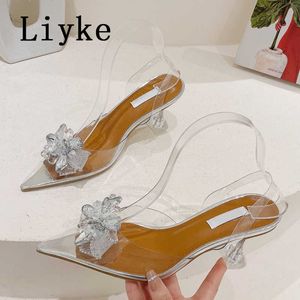 NOVA BRANCE Design de Crystal Buckle Women Pumps Sexy Ponto Poete Transparent High Heels Mules Sandals Sapatos de Party Dress Shoes 0129