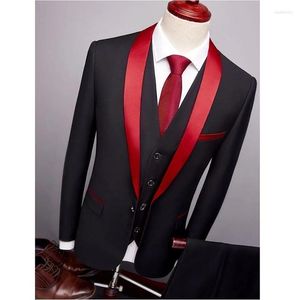 Męskie garnitury biznes elegancki szczupły fit chude mężczyźni pojedynczy piersi czerwony szal Lapel Wedding Man Man Blazer 3 sztuki kamizelka spodni