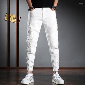 Erkek kot pantolon beyaz yaz yırtılmış rahat ince fit ayak bileği uzunluğu pantolon sokak kıyafetleri pamuk kot pantolon