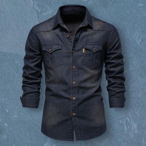 Camisas casuais masculinas Top Trendy Flap Pocket Buttons Denim Shirt Jeans Macho Slim Fit for Party