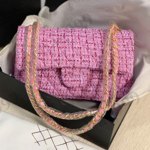 Mulheres clássicas rosa Purple Tweed Designer Bags Luxury Multi Pochette Bolsas de hardware dourado textura metálica Cadeia de ombro de ombro Jumbo Bolsa de Flap Crossbody 25cm