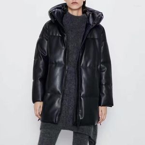 Piumini invernali da donna Parka da donna Moda autunno Cappotti lunghi con cappuccio Eleganti giacche in cotone allentato in pelle PU con cerniera Donna femminile