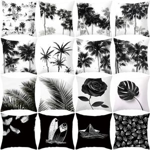 Pillow /Decorative Modern Simple Black And White Pillowcase 45x45 Plant Leaves Print Cover Car Throw Pillows Outdoor Home Sofa Cushio