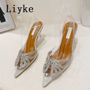 Przezroczyste buty PVC seksowne kryształowe krysztony spiczaste palce dziwne przezroczyste obcasy dla kobiet muły sandały eleganckie pompki sukienki 0129