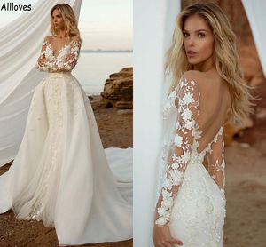 Boho 3D Floral Appliqued Lace Mermaid Wedding Dresses With Detachable Skirt Sheer Neck Sexy Backless Beach Country Bridal Gowns For Women Plus Size Vestidos CL1741