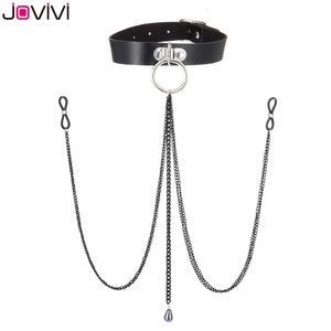 Pierścienie guziki Bell Bell Jovivi 1x skórzana pętla Fałszne pierścienie sutków Choker silikonowy nie przebijany łańcuch sutkowy seksowne ciało piercing biżuteria czarna 230130