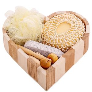 Promotional wood heart-shaped Gift box 6pcs bath accessory Sisal sponge /comb Wooden/ Massage Brush/ spa/Bath Gift SN4778