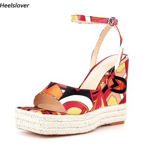 Heelslover Women Summer Sandals طباعة أسافين مثيرة الكعوب مربعة إصبع القدم زرقاء جميلة ريد فستان أحذية سيدات الولايات المتحدة الحجم 5-9