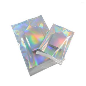 Förvaringspåsar 100 st laser holografisk aluminiumfolie självhäftande väska kuvert fil skjorta kläder gåva kosmetik med framsidan klar