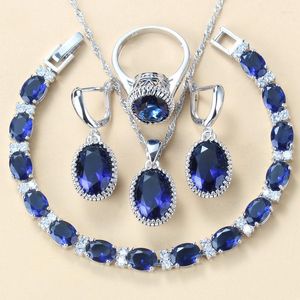 Collana di orecchini impostati a prezzo basso classico zircone blu da sposa color argento per gioielli da donna in costume a 8 colori