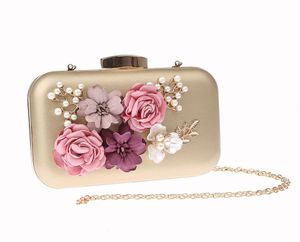 Evening Bags Royal Gold Women's Bag PU Handbag Bridal Wedding Party Clutch Purse Makeup Two Chain Flowers 03944-DEvening