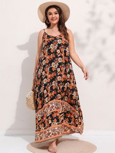 زائد الفساتين الحجم فينجاني الأزهار طباعة الفستان Maxi Cami للنساء vneck عاريات أنيقة كبيرة الحافة بوهو طويلة الحجم 4xl 230130