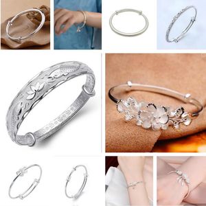 925 silver plated Bangle bracelet Push-pull adjustment bracelet 10 style selection charm flower Lotus flower seedpod of the lotus fish love heart