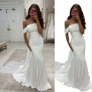 2023 Arabic Mermaid Wedding Dresses Elegant Simple Off Shoulder Satin Long Formal Bridal Gowns Overskirts Sweep Train