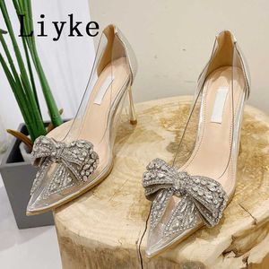 New Design Crystal Sequined Bowknot Transparent Women Pumps Sexy Pointed Toe High Heels Wedding Prom Shoes Stiletto Sandal 0129