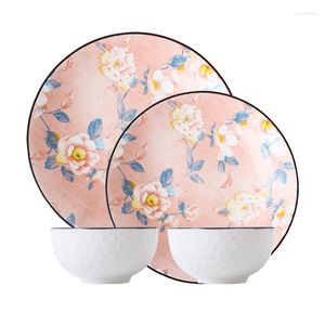 Plates Deep Bowls Set Ldyllic Style Lovers Ceramics Pink Camellia Relief Salad Romantic Wedding Porcelain Tableware CZY-BS4009