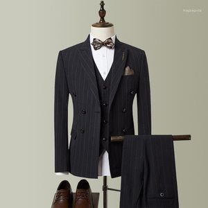 Trajes masculinos fantasia homme mais recente design de listra de casamento para homens groomsman small masculino de negócios 3 peças (calça de colete de jaqueta)