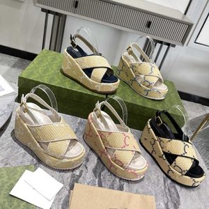 2023 Summer Women's Sandal PVC Straw Criss Cross Strap Platform Wedge Sandals Slip On Slides Double G High Heels Slingback Party Wedding