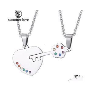 Pendant Necklaces Romantic Couple Heart Clock Key Necklace Colorf Rhinestone Choker Sier Chain For Women Fashion Valentine Day Drop Dhsci