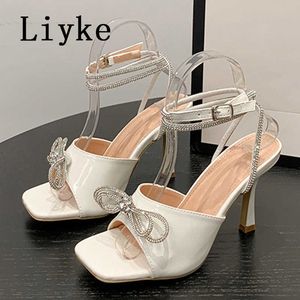 2023 neue Glitter Strass Bowknot Sommer Frauen Sandalen Karree Kristall Schnalle Dünne High Heels Party Prom Schuhe 0129