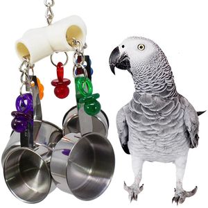 Andra fågelförsörjningar Pet Parrot Toy 4 Rostfritt stålkrukor Sträng Tuggbit Toys Acrylic Cage Accessories 230130