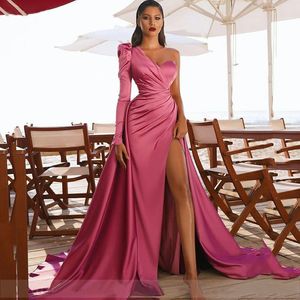 One Shouldr Hot Pink Evening Dress Mermaid Long High Side Split Prom Dresses New Arrival Celebrity Dresses
