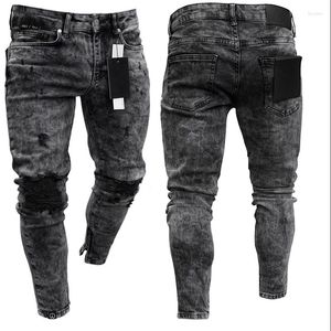 Mäns jeans Biker Men's Estressed Stretch Ripped Men Hip Hop Slim Fit Holes Punk Zipper Pure Color Denim Pants