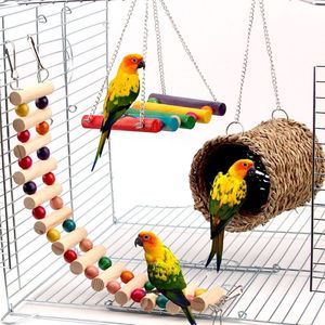Other Bird Supplies 3 Pc s Pets Hanging Colorful Balls Climbing Toy Swing Parrots Ladders With Natural Wood Bells Toys 230130