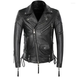 Herenjacks Hoogwaardige Echte motorfiets Mens Leather Jacket Cowhide Coat Punk Rock -kostuum Zippers Lace Up Slim Short