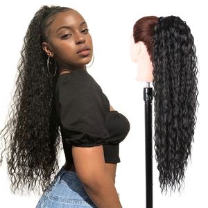 Kanekalon 28Inch Loose Deep Wave Drawstring Ponytail Long Synthetic Fluffy Ponytails Brazilian Wavy Ponytails With Clips And Wrap