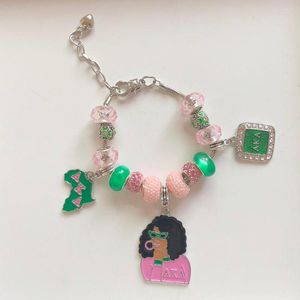 Charm-Armbänder, handgefertigt, rosa-grüne europäische Perlen, Mädchenkarte, griechische Schwesternschaft, Bruderschaftsarmband, Schmuck