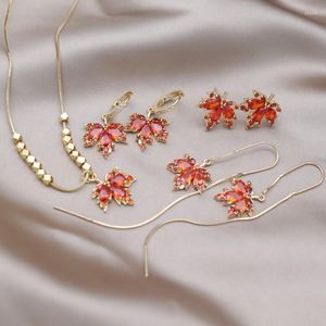 Necklace Earrings Set Korea Fashion Jewelry 14K Gold Plated Orange Zircon Pendant Elegant Women's Party Accessories