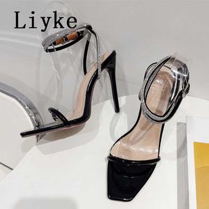 Storlek 35-41 Sexig kristall Ankle Strap Sandals for Women Party Wedding Banquet Shoes Nightclub Stripper Heels Pumpar Sandalias 0129