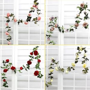 Dekorativa blommor 2m Simulerad Rose Vine Indoor Tak Goor Wedding Wreath Arch Plant Flower Wall Bakgrund Dekoration Tyg Fake String