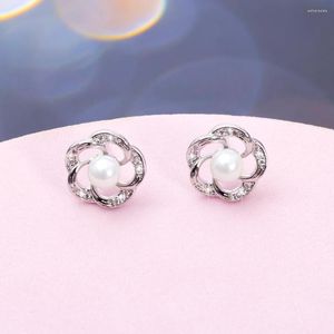 Stud Earrings Korean Style Wavy Shape Hollow Out Metal Imitation Pearl Zircon For Women Luxury Trending Products Cute Wedding Jewelry