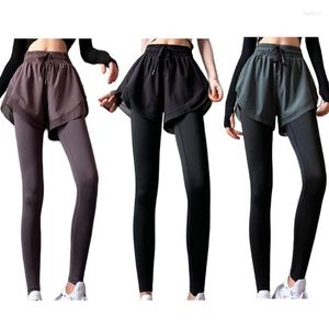 Pantaloni attivi da donna a vita alta 2 in 1 leggings sportivi attillati con pantaloncini coulisse in vita tinta unita corsa yoga allenamento lungo