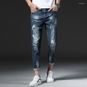 Mäns jeans 2023 Spring Summer Casual Fashion Ripped Hole Cowboy Denim Men Teens Elastic Ankle Length Pencil Pants