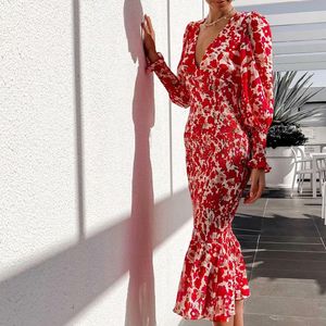 Sukienki swobodne kobiety jesień moda seksowna sukienka ołówkowa 2023 Długie rękawie V-deck kwiatowy druk elastyczność Kobieta elegancka vintage Street Red