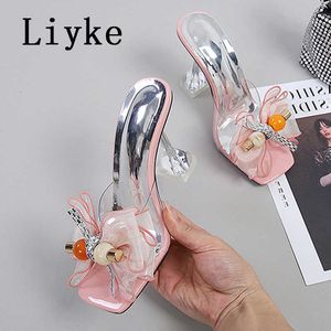 2023 Nytt mode 9 cm Clear Heels Slippers Pink Net Yarn Bowknot Summer Sandals Transparenta skor för kvinnor Mules Slides 0129