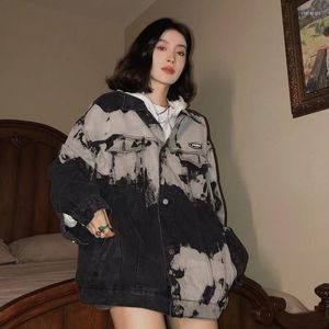 Women's Jackets Deeptown Harajuku Black Tie Dye Denim Women Korean Streetwear Oversize Pink Cargo Jacket Chic Vintage Loose Coat Female