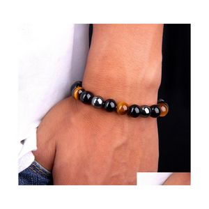 Perlenstränge Natürlicher schwarzer Onyx mit Stein Hämatit Tigerauge Perlenstrang Wrap Buddha Armbänder Ampbangles Schmuck Accessori 97 Dhksp