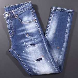 Men's Jeans Fashion Streetwear Retro Blue Elastic Slim Fit Ripped Painted Designer Hip Hop Denim Pencil Pants Hombre 230131