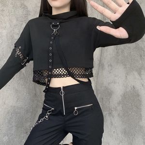 Women's Jackets Halloween Hoodies Long Sleeve Mesh Stitching Crop Tops Black Gothic Pullover Sweatshirts Streetwear Anime Hoodie 230131