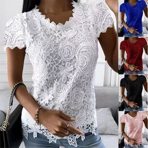 Women's TShirt Chic Summer Elegant Lace Splicing Shirt Women Fashion Round Neck Solid Color Short Sleeve Top Slim Party Pullover OL Tshirt 230130