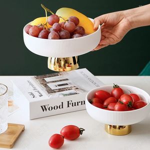 Plates Creative Vertical Lines Decorative Fruit Bowl Nordic Modern Tall Feet Golden Base Dessert Plate Coffee Table Desktop Salad Bowls