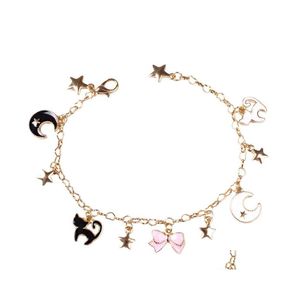 Charm Bracelets Japenese Sailor Moon Stars Cute Black Cats Pink Sakura Flower Charms Bracelet For Kids Women Drop Delivery Jewelry Dhdc4