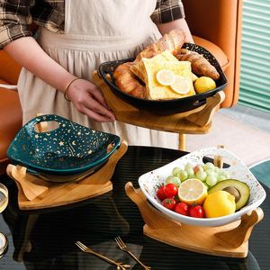 Plates Nordic Art Ceramic Fruit Bowl Salad With Bamboo Wood Stand Minimalist Living Room Dining Table Snack Dessert Storage